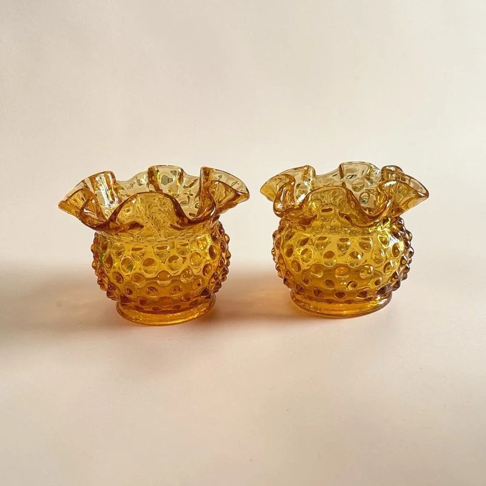 Vintage FENTON Amber Glass Hobnail Vase Bowl Double Crimped Ruffle Rim Lot of 2